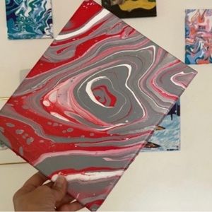 Handmade pour painting art NEW red grey white 8”x10” unique circle swirls